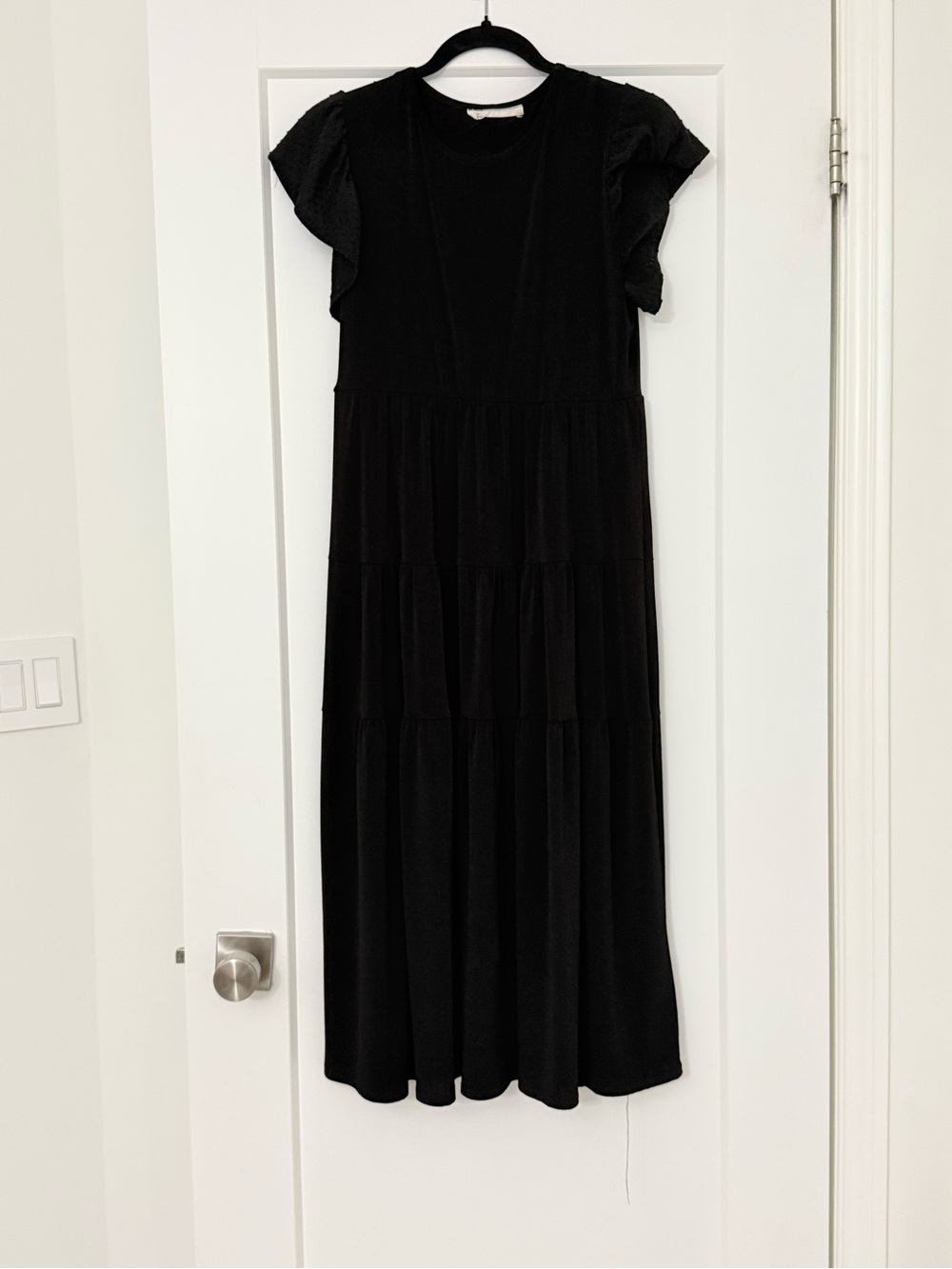 Women’s Black Tiered Maxi Dress with Flutter Sleeves